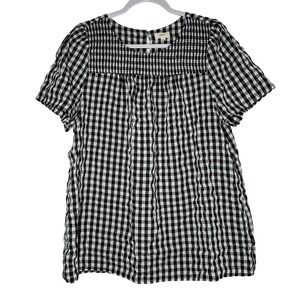 Ott Black White Gingham Smocked Yoke Short Puff Sleeve Blouse Top MO9015 Large